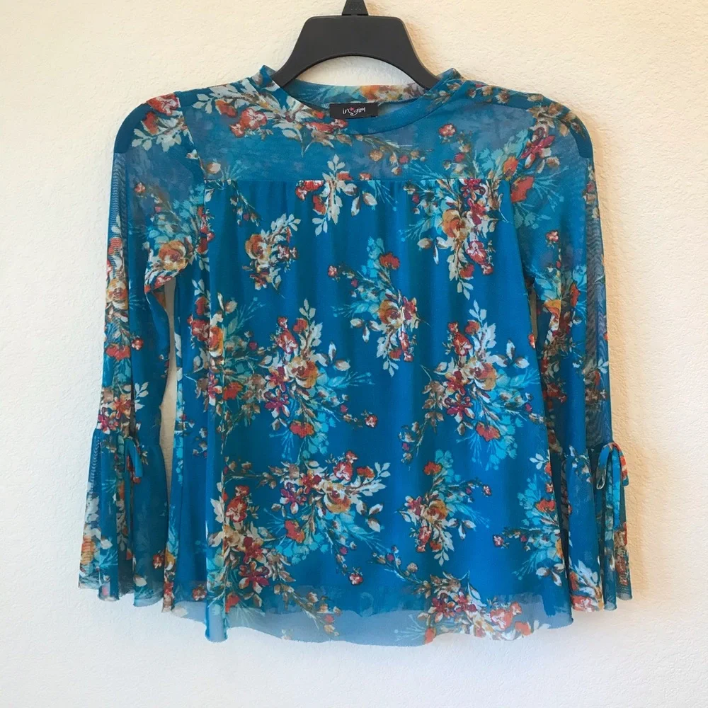 Coquette Bell Sleeve Blue Floral Top Kids Size Large 14 Cottage Fairy Girly